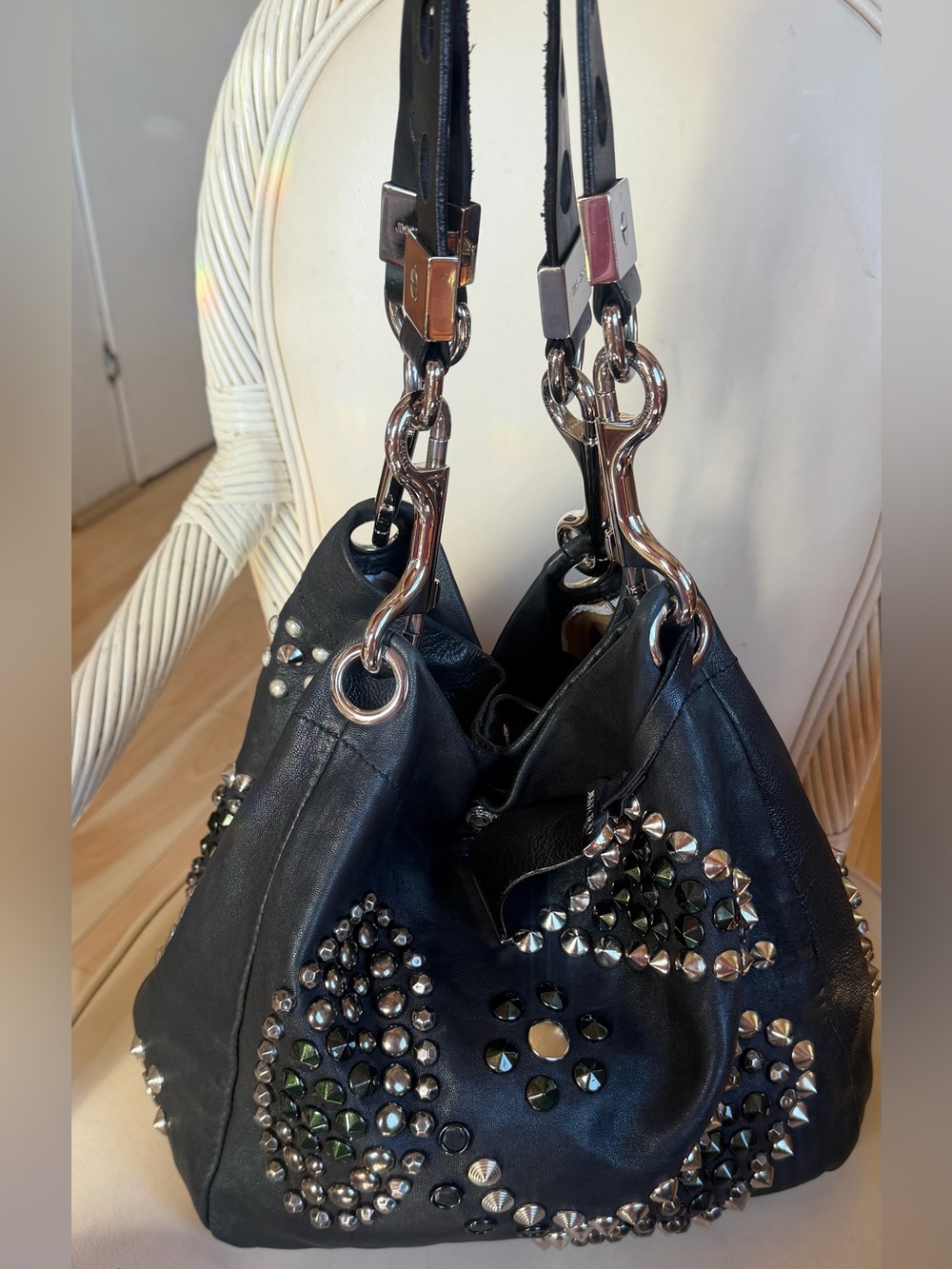 JIMMY CHOO Black Lambskin Studded Lohla Jane Two Way Tote. MINT! RT $ 2295. - Picture 3 of 16